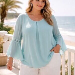 I.N. Studio Aqua Chiffon Blouse Lace Bell Sleeve Flowy Top 2X Plus Size Boho
